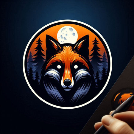 Fox head in the circle with the moon and forest. Vector illustration.