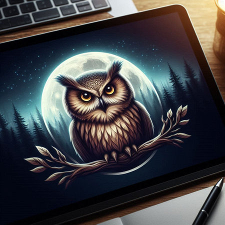 Owl on a digital tablet in a dark office environment. 3D Renderingの写真素材