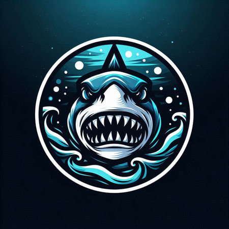 Shark head in circle on dark blue background. Vector illustration.の写真素材