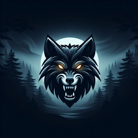 Vector illustration of wolf in the forest against the background of the moon