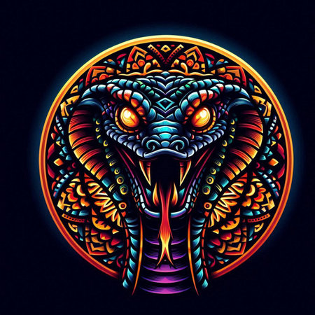 Snake head on black background. Tattoo art. Vector illustration.