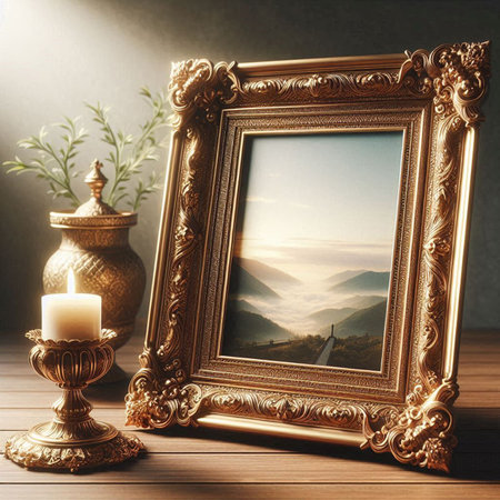 Vintage picture frame and candle on wooden table. 3d rendering