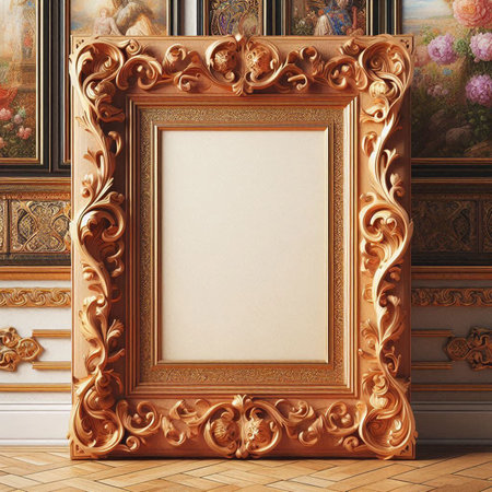 Classic interior with golden frame on the wall. 3d render illustration