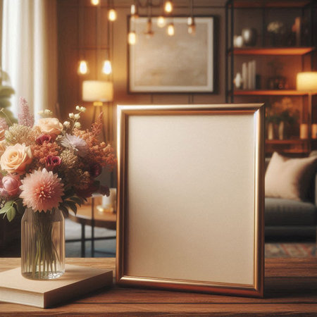 Blank photo frame on table in living room. Mockup for design