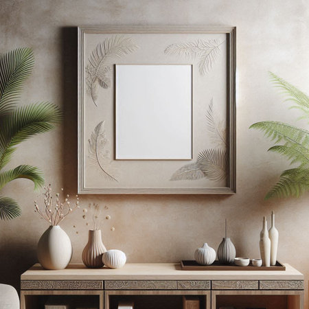 Mock up poster frame in interior background, Scandinavian style, 3D render