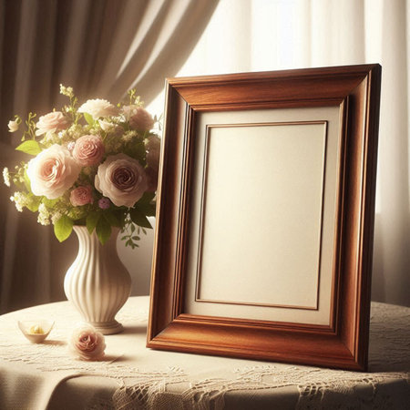 Photo frame with flowers in vase on the table. 3d rendering
