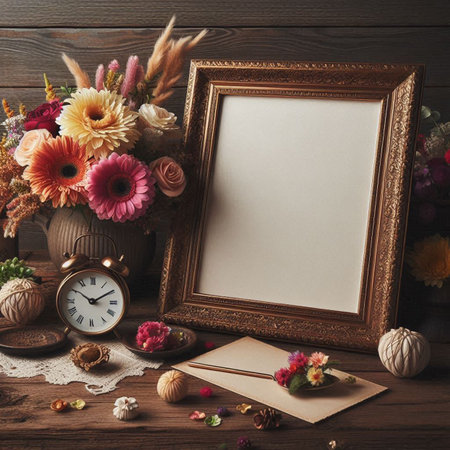 Frame mockup with dried flowers on wooden background. Copy space.