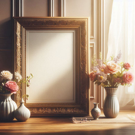 Vintage frame mockup with flowers in vase. 3d rendering