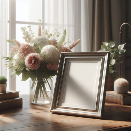 Wooden frame mockup with vase of flowers on the table
