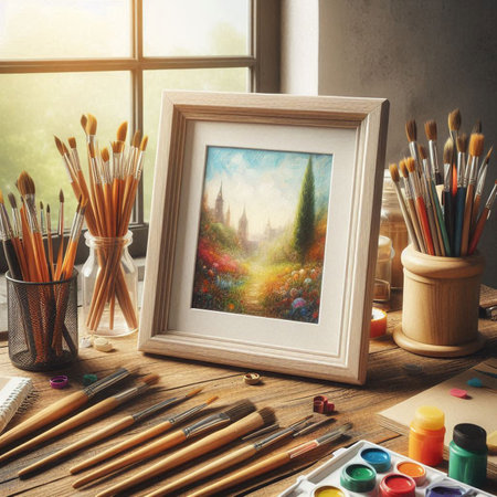 Paintbrushes and picture frame on wooden table. Art concept