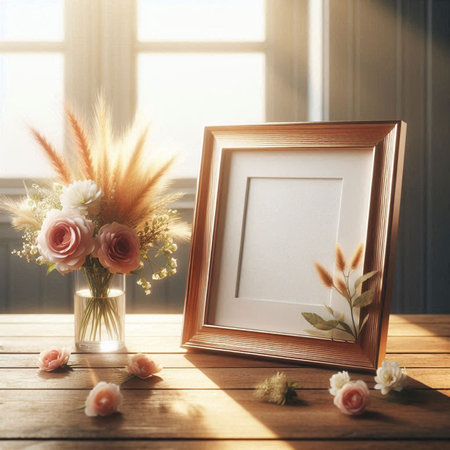 Wooden frame mockup with flowers in vase on wooden table