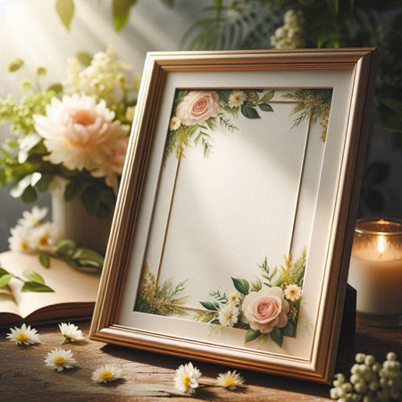 Vintage frame with flowers and candles on wooden background. Mockup for design