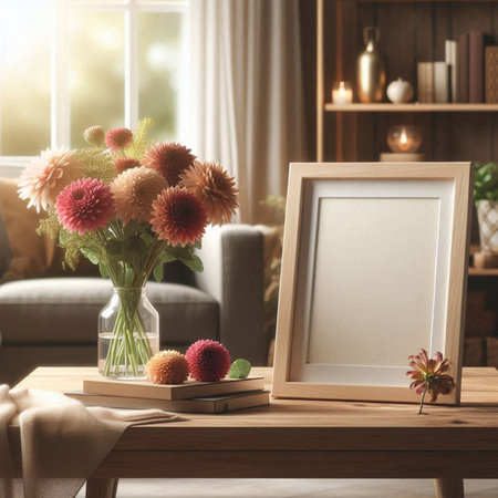 Blank picture frame mockup with dahlia flowers in vase on wooden table in living room
