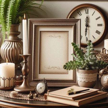 Vintage photo frame mockup with succulent plant, books, candles and alarm clock on table.