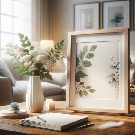 Modern living room interior with mock up poster frame, plants in vase, coffee table, books, flowers...