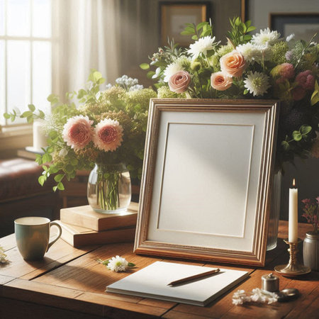 Bouquet of flowers with blank photo frame on wooden table.