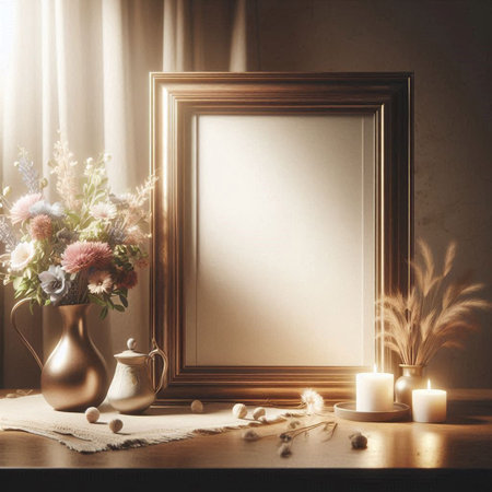 Blank picture frame mockup in interior with flowers. 3D rendering
