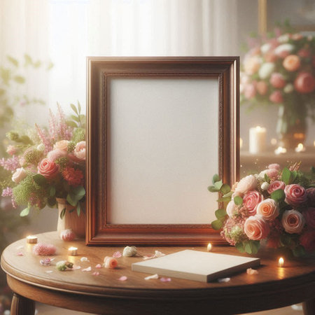 Blank picture frame mockup on wooden table with flowers in vase