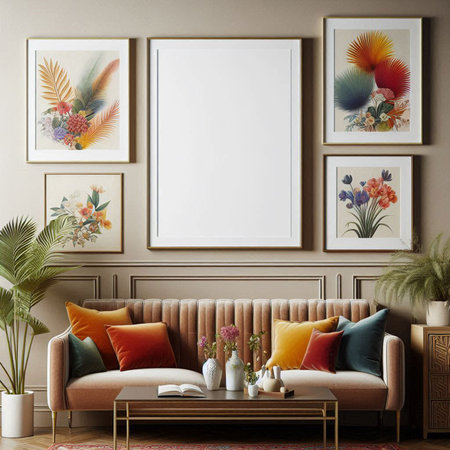 Mock up poster frame in interior background, 3d render illustrationの写真素材