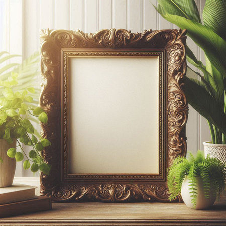 Vintage picture frame mockup on wooden table. 3d renderingの写真素材
