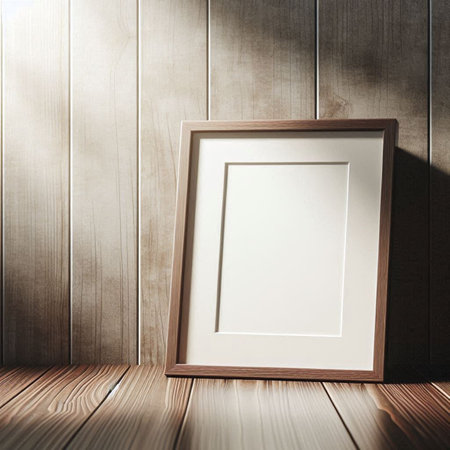 Blank picture frame on wooden background. 3d render illustration.