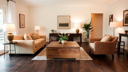 Interior of a living room with sofa, armchair and coffee table