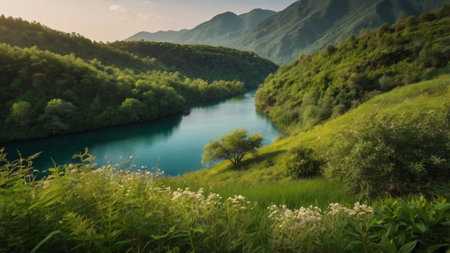 Beautiful mountain landscape with blue river and green forest in summer.の写真素材