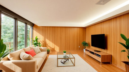 interior of modern house, living room with tv on the wall