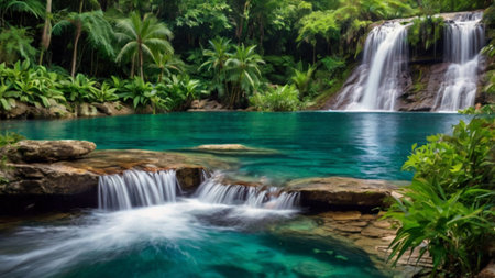 Waterfall in the tropical forest. Thailand. Panoramic view.の写真素材