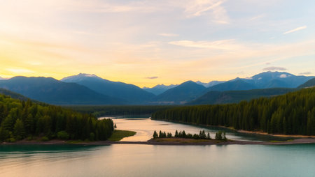 Panoramic view of the lake and mountains at sunset, Canada