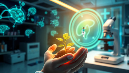 Female scientist on blurred background holding sprout in her hands 3D renderingの写真素材