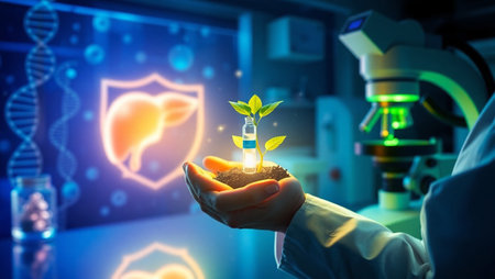 Biotechnology concept with scientist holding sprout in hand. Mixed media