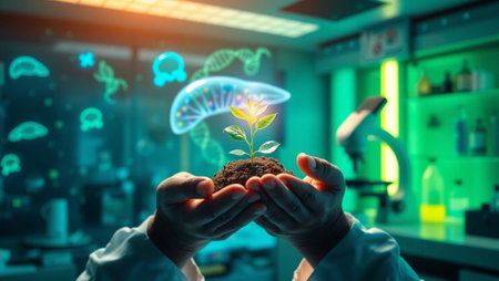 Biotechnology and biochemistry concept with scientist holding sprout in hands