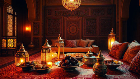 Luxury interior of Arabian hotel room with traditional moroccan furnitureの写真素材