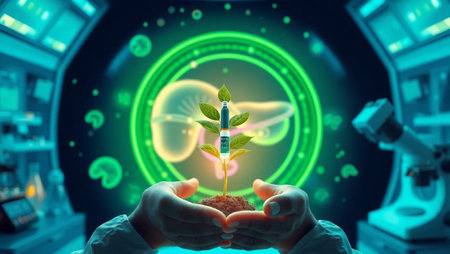 Plant sprout in human hands on abstract background 3D renderingの写真素材