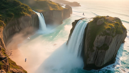 Aerial view of Godafoss waterfall on the south coast of Iceland