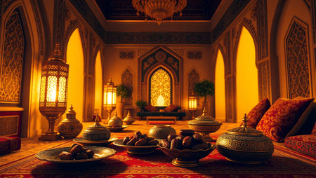 Interior of a mosque with arabic lanterns and coffee beansの写真素材