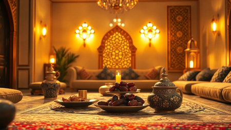 Ramadan Kareem greeting card with dates on table. Muslim feastの写真素材