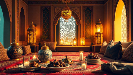 Luxury hotel room interior with arabic lanterns and candlesの写真素材