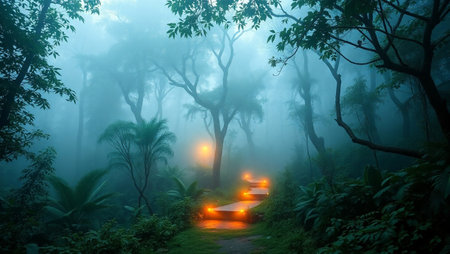 Foggy pathway in a tropical forest with a lighted lamp