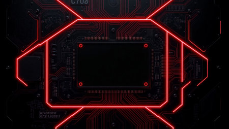 Circuit board close-up with red neon lights. Technology background