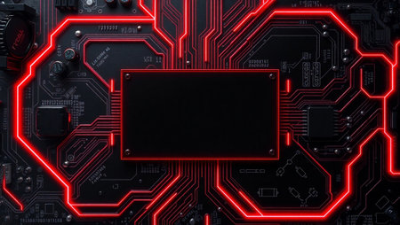 close up of circuit board with red neon light. computer technology background