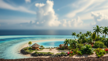 Miniature island with palm trees and bungalows on a tropical beach