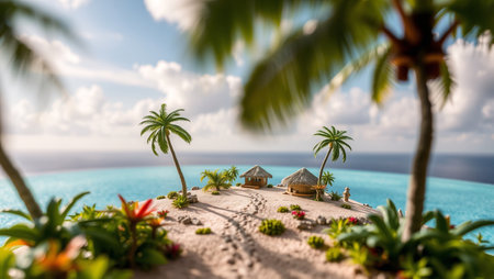Tropical island with bungalows and palm trees at Maldives
