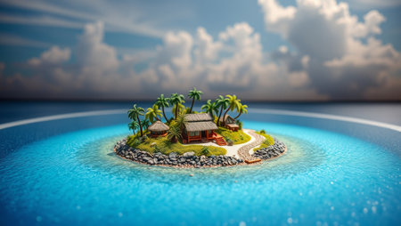 Small island with palm trees on the water surface. 3d renderの写真素材