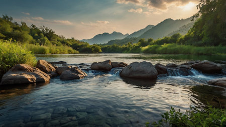 Landscape of river and mountain in the morning, Kanchanaburi, Thailand
