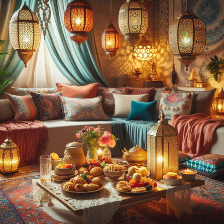 Luxury interior of the living room in oriental style. Decorations for Ramadan Kareem.の写真素材