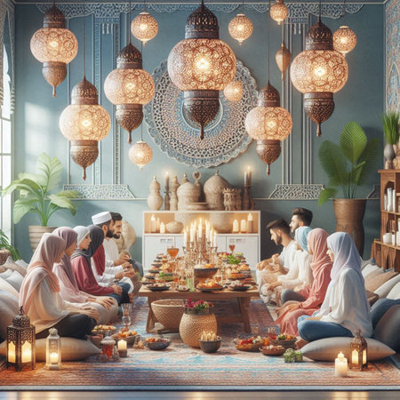 Traditional arabic dinner table with muslim family in traditional clothes at homeの写真素材