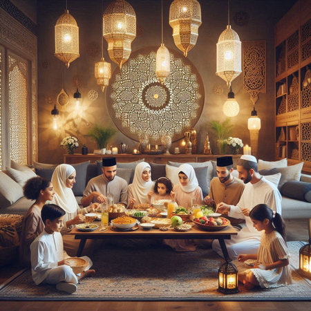 Happy Muslim family celebrating Eid Mubarak at home. Muslim family having dinner together.の写真素材