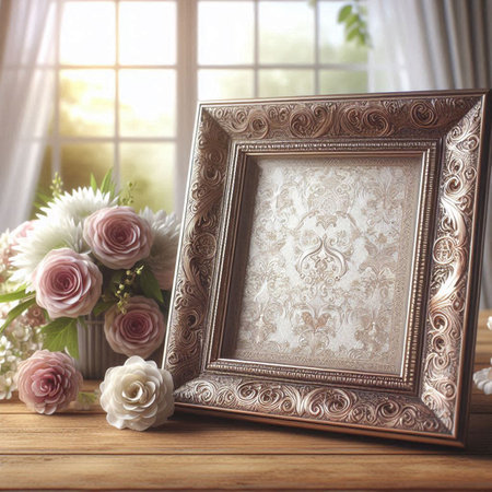 Vintage photo frame with flowers on the wooden table in the roomの写真素材